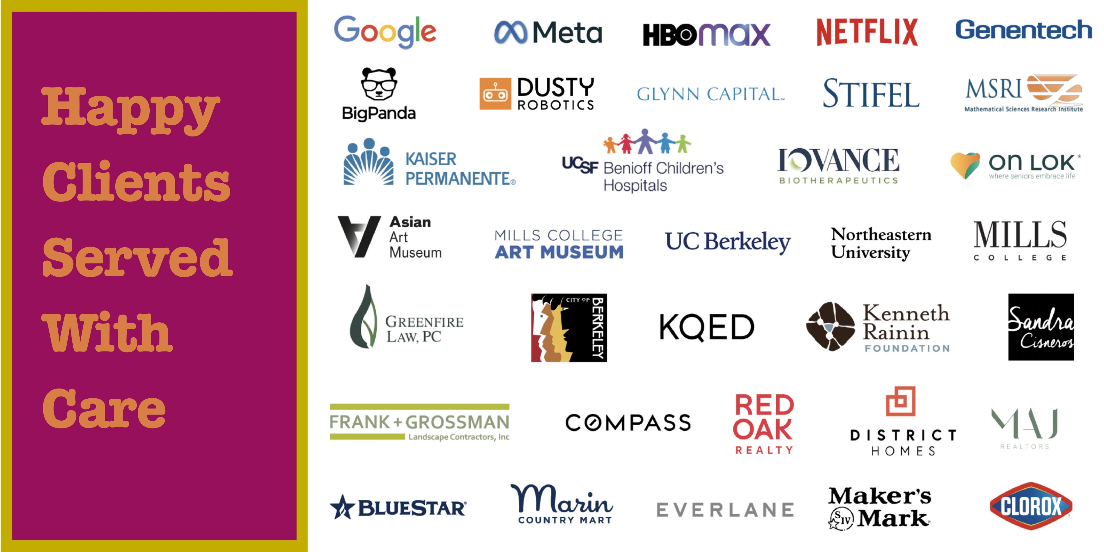 Happy Clients Served With Care: a collage of client and collaborator logos.